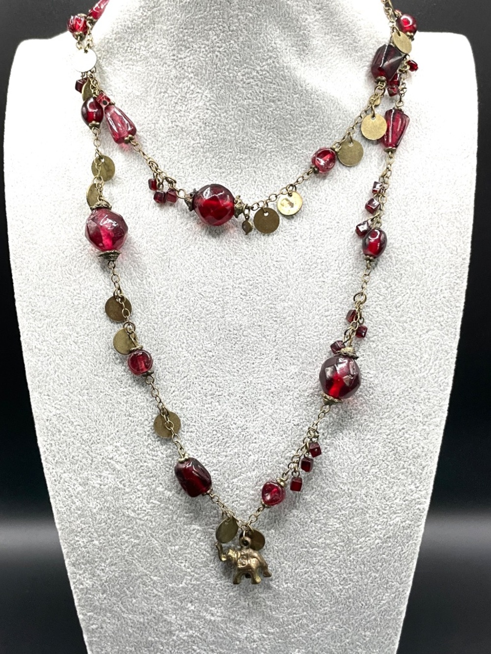 Vintage Brass Cranberry Red Glass Bohemian Beaded Long Necklace